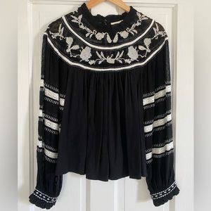 New Anthropologie Flowy Floral Black Cream Hand-stitched Peasant Blouse Size XS